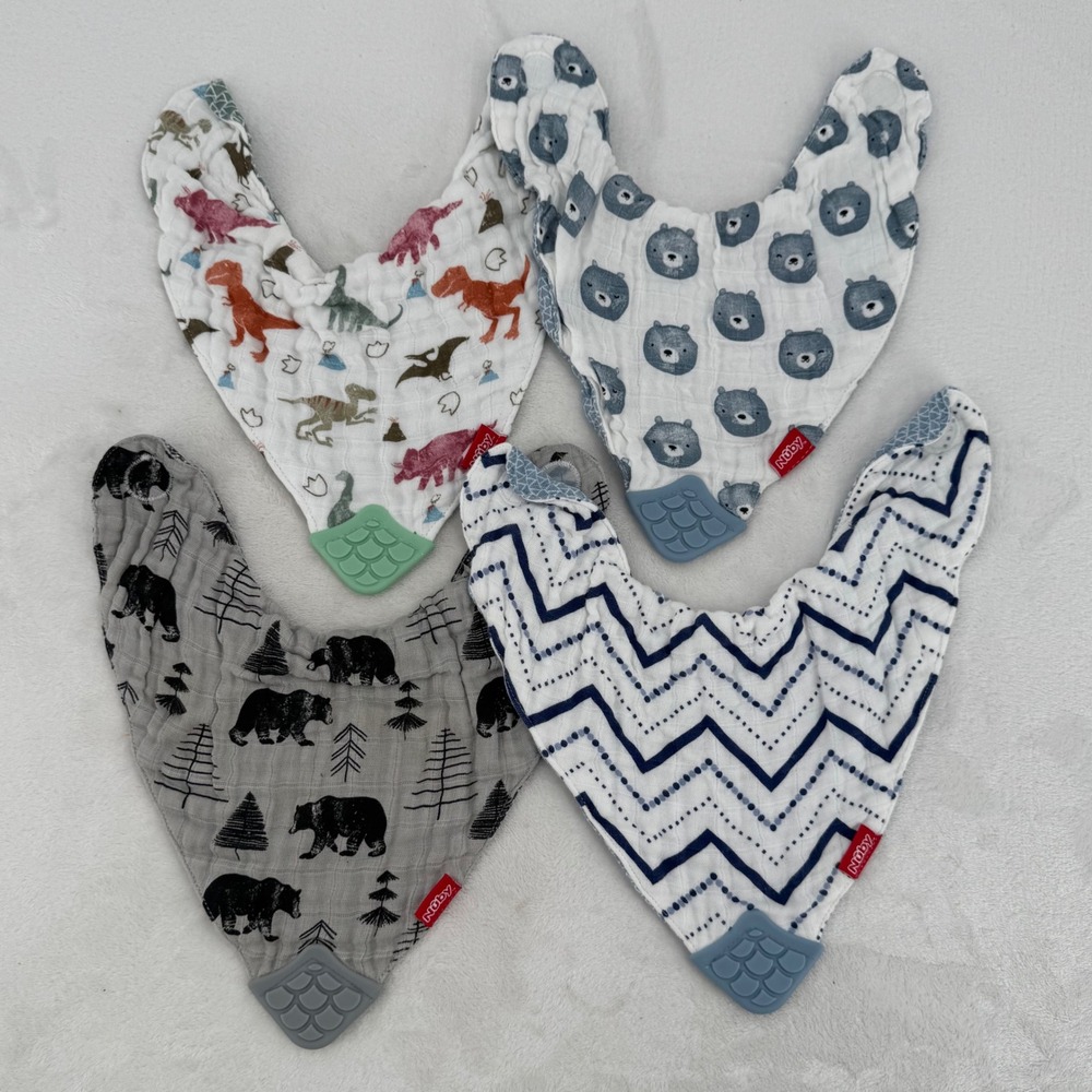 Nuby Bandana Teether Bibs 4-Pack Baby Adjustable Reversible Cotton Muslin Bibs